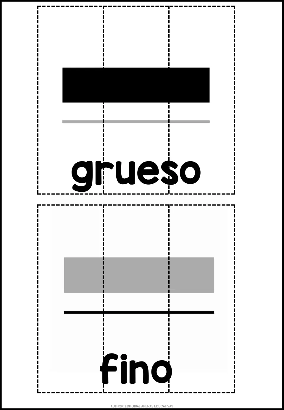 Grueso and fino: a thick black bar and a thin black stripe shown in two Spanish word puzzles, each cut into 3 strips