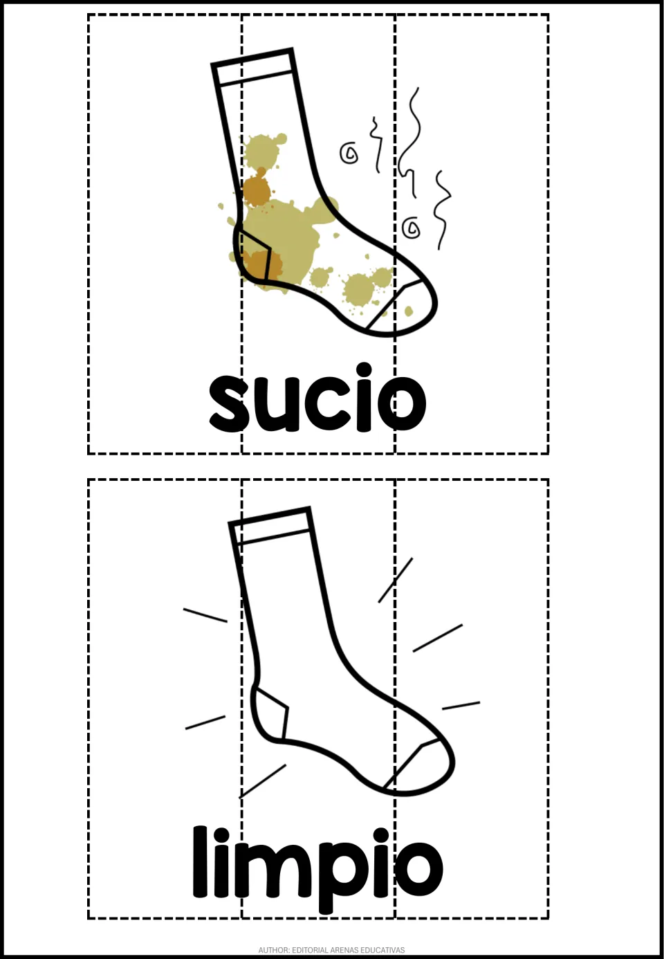 Sucio and limpio: a stained, smelly sock and a shiny clean sock, each a three-part puzzle labeled with its Spanish word