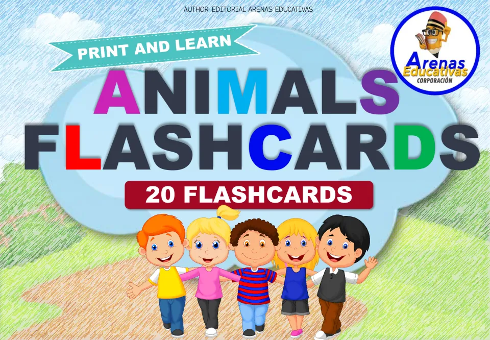 Cover of the Spanish animal tracing flashcard set, labeled 'Animals Flashcards' and '20 Flashcards'