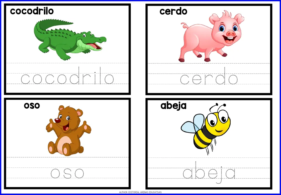 Spanish tracing cards 1–4: cocodrilo (crocodile), cerdo (pig), oso (bear), and abeja (bee), with pictures