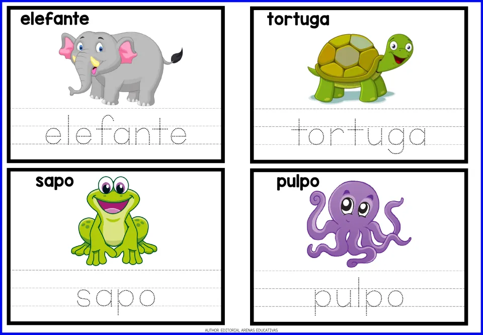 Spanish tracing cards 5–8: elefante (elephant), tortuga (turtle), sapo (toad), and pulpo (octopus)