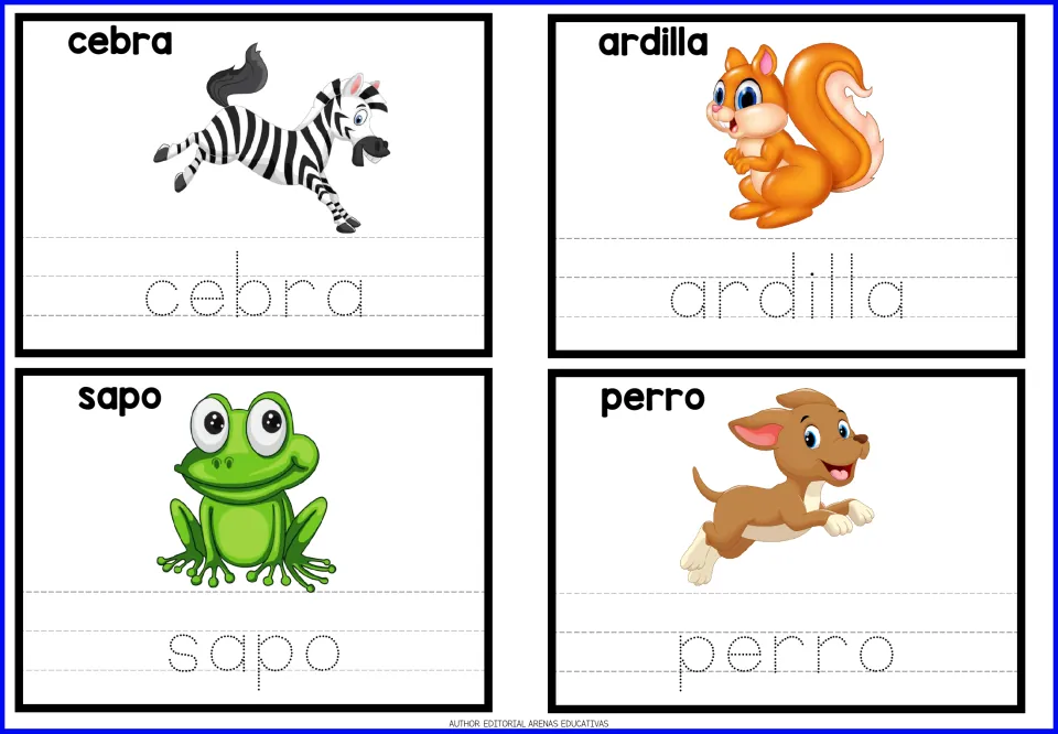 Spanish tracing cards 9–12: cebra (zebra), ardilla (squirrel), sapo (toad), and perro (dog), with pictures