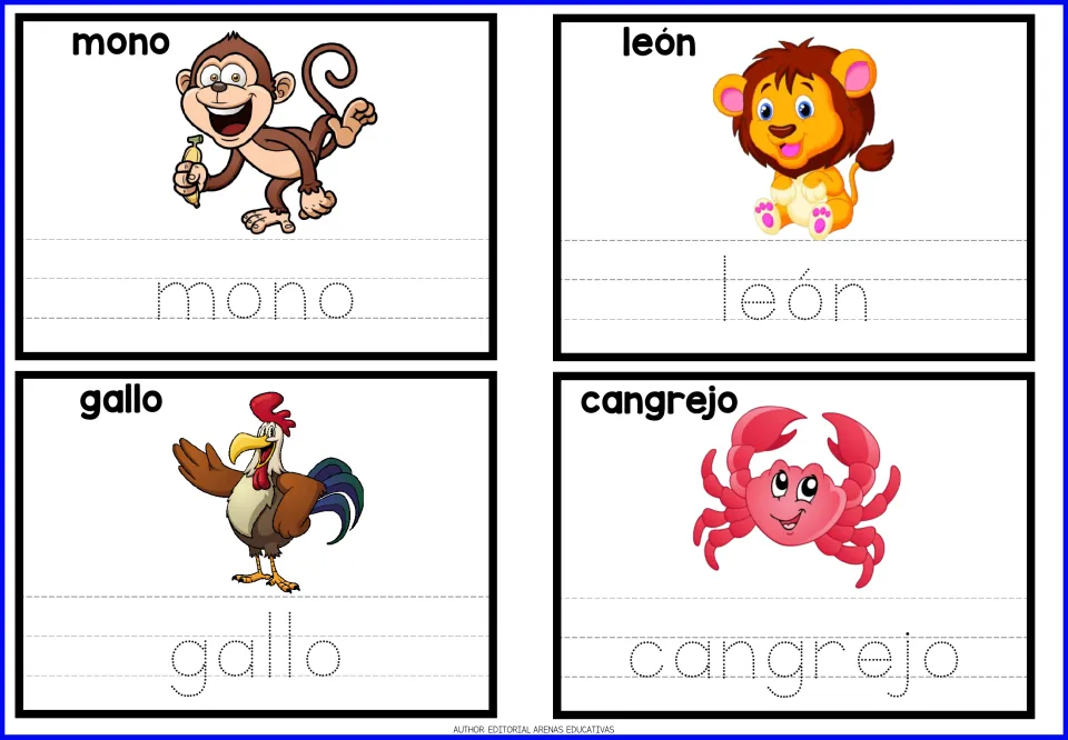 Spanish tracing cards 13–16: mono (monkey), león (lion), gallo (rooster), and cangrejo (crab)