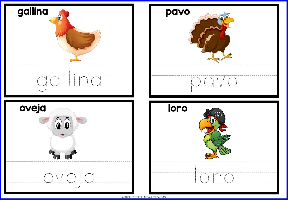 Spanish tracing cards 17–20: gallina (hen), pavo (turkey), oveja (sheep), and loro (parrot), with pictures