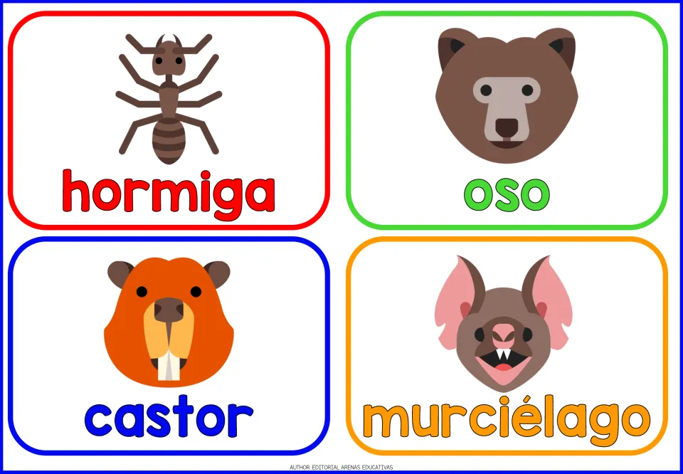 Illustrated Spanish animal cards 1–4: hormiga (ant), oso (bear), castor (beaver), and murciélago (bat).