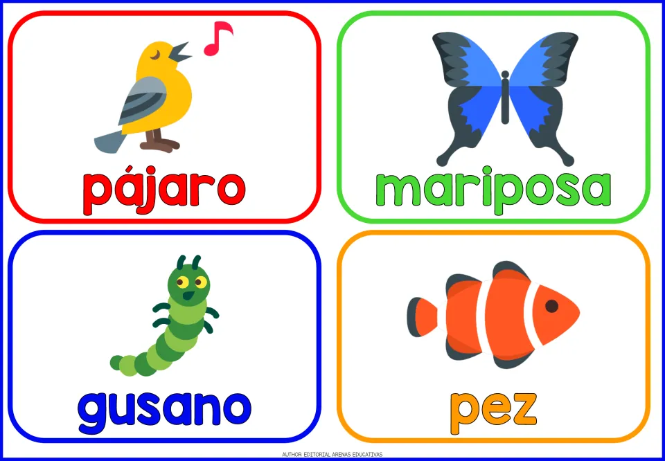 Spanish animal cards 5–8: pájaro (bird), mariposa (butterfly), gusano (worm), and pez (fish), with pictures.