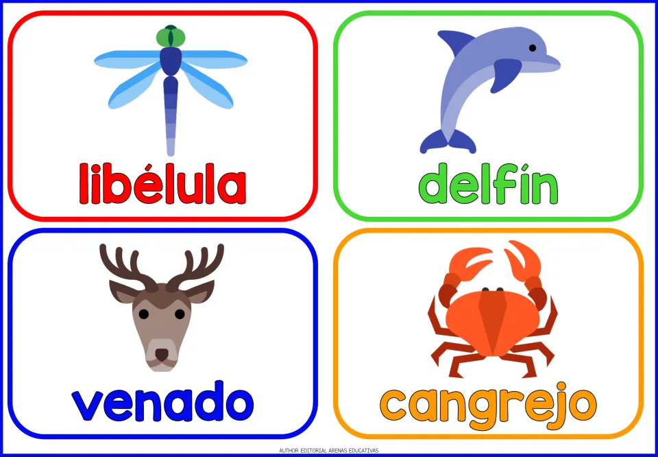 Spanish animal cards 9–12: libélula (dragonfly), delfín (dolphin), venado (deer), and cangrejo (crab).