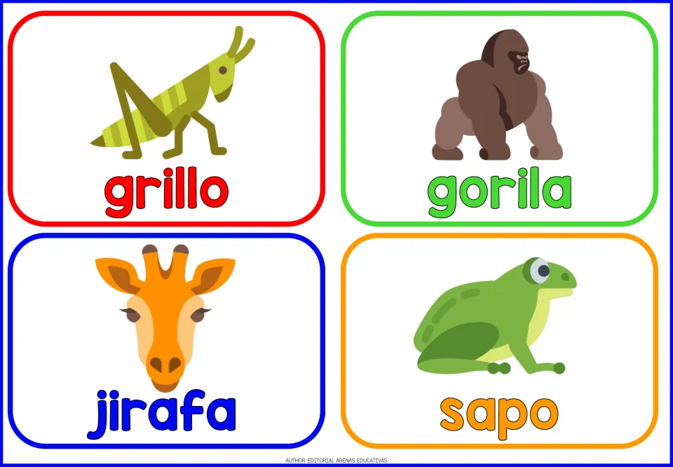Spanish animal cards 13–16: grillo (cricket), gorila (gorilla), jirafa (giraffe), and sapo (toad).