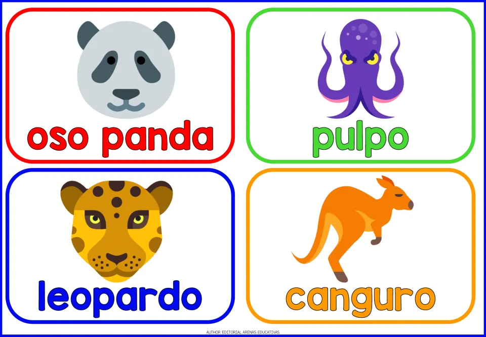 Spanish animal cards 17–20: oso panda (panda), pulpo (octopus), leopardo (leopard), and canguro (kangaroo).