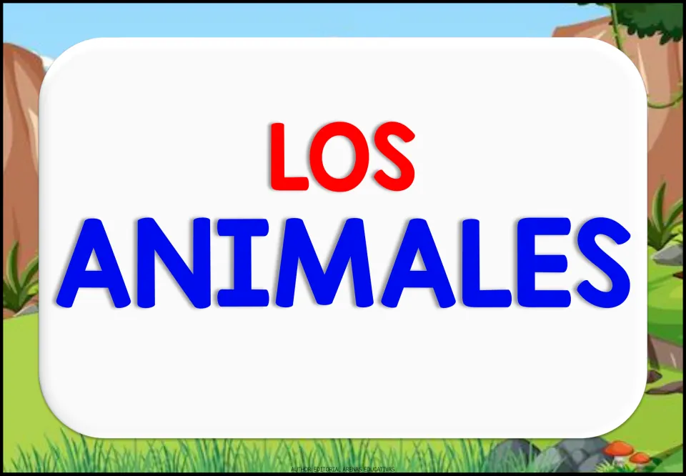 Los Animales title card in red and blue lettering that opens the Spanish animal vocabulary deck, set against a jungle scene