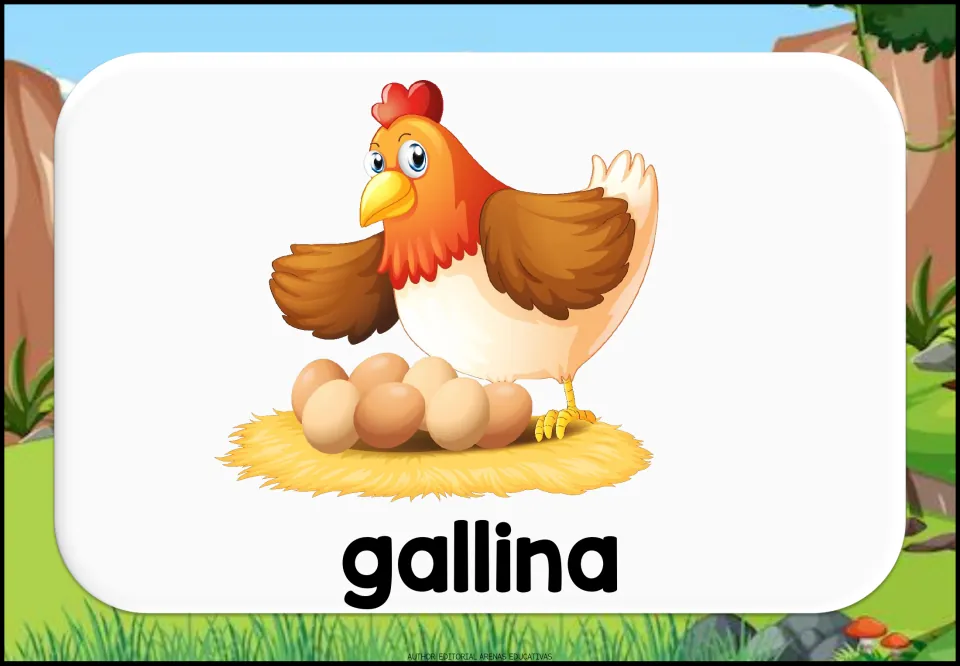 Spanish animal vocabulary card: a cartoon hen sitting beside a nest of brown eggs, labeled with the word gallina