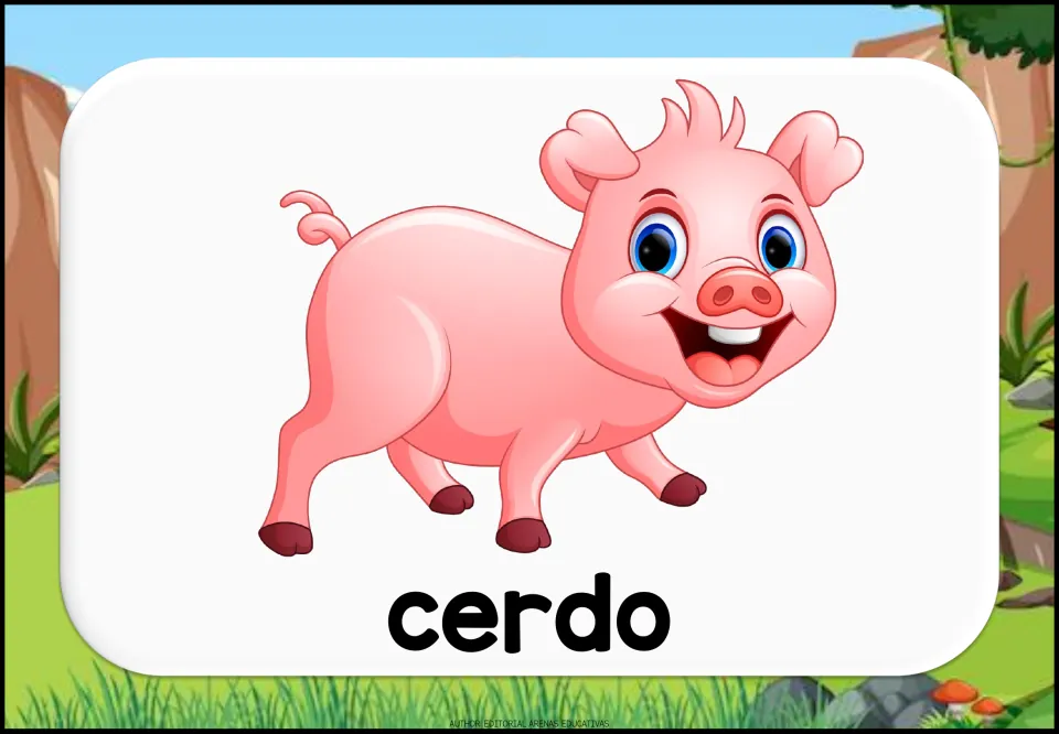 Spanish word cerdo under a smiling pink cartoon pig, a picture card for naming farm animals in Spanish