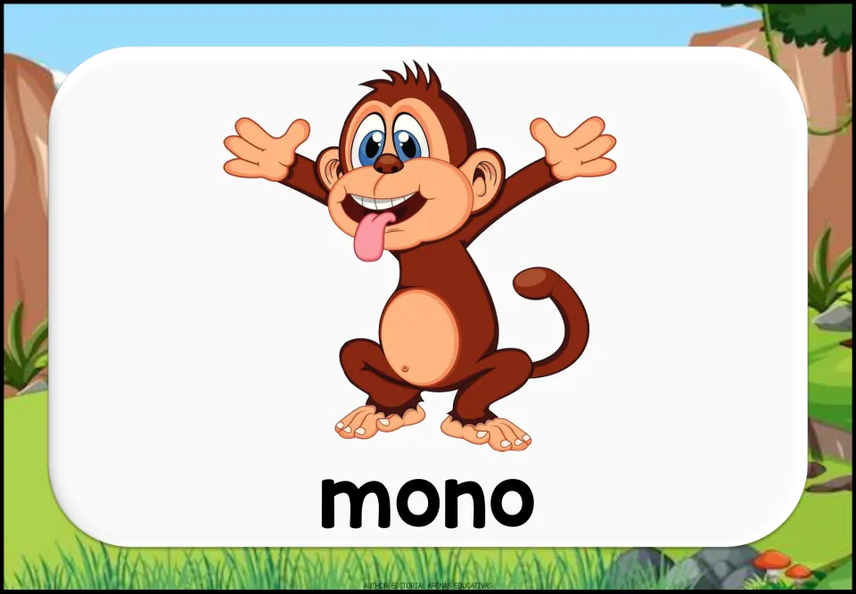Spanish vocabulary card for mono: a cheerful brown cartoon monkey with arms raised and tongue out above the word