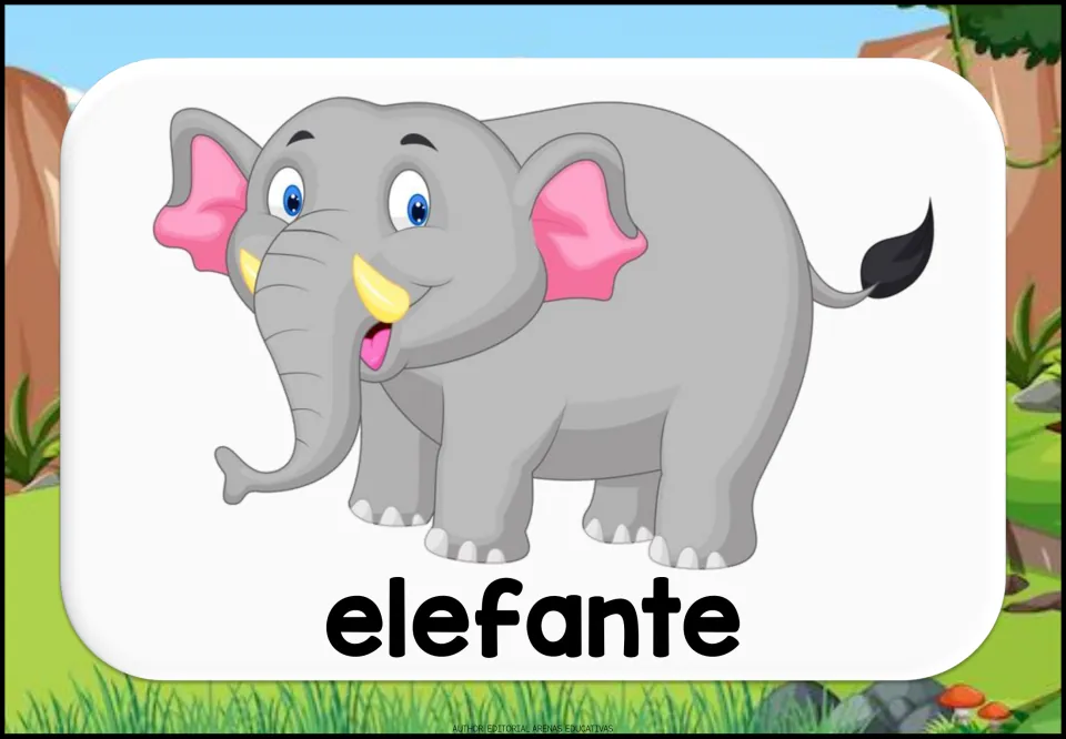 Elefante card: a gray cartoon elephant with pink ears and tusks above the Spanish word, for naming wild animals in Spanish