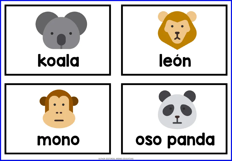 Animal vocabulary in Spanish: koala, león, mono and oso panda cards pairing each word with a koala, lion, monkey or panda