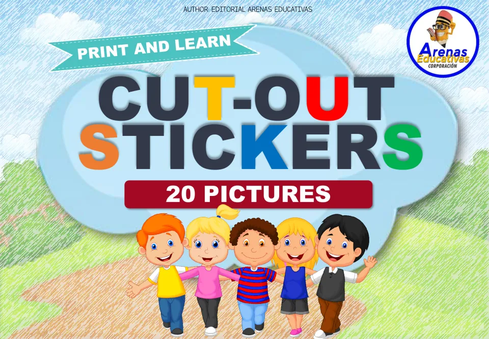 Cover of the cut-out sticker activity, labeled “Print and Learn,” “20 Pictures,” and “Cut-Out Stickers”