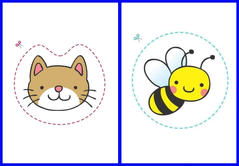Cut-out stickers 1–2: a tan cat face and a yellow-and-black bee, each pictured for children's cutting practice