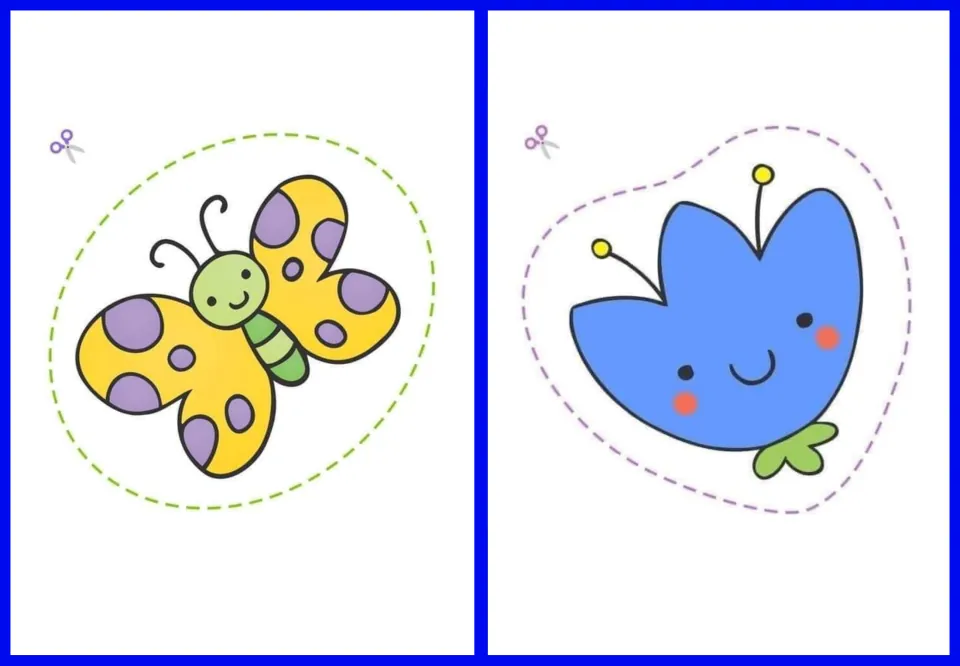 Cut-out stickers 3–4: a yellow butterfly with purple spots and a blue flower for children's cutting practice