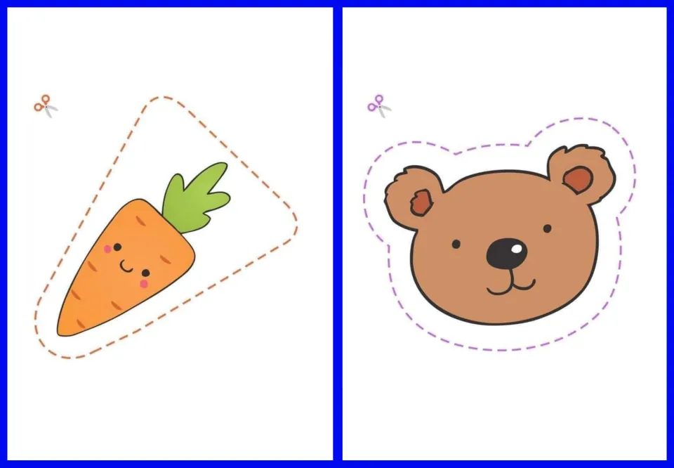 Cut-out stickers 5–6: an orange carrot with green leaves and a brown bear face for children's cutting practice