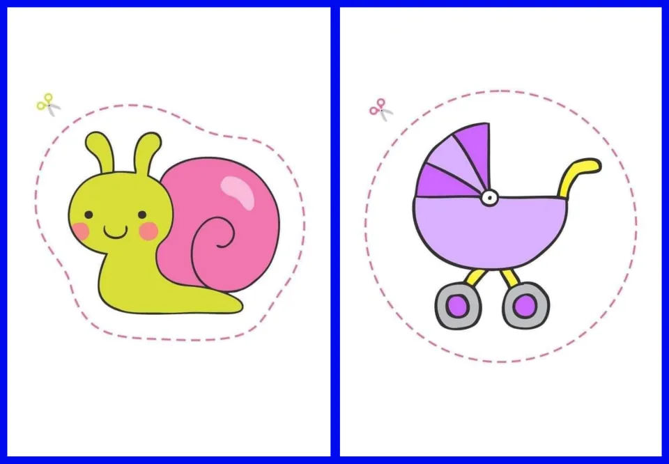 Cut-out stickers 7–8: a green snail with a pink shell and a purple baby carriage for children's cutting practice