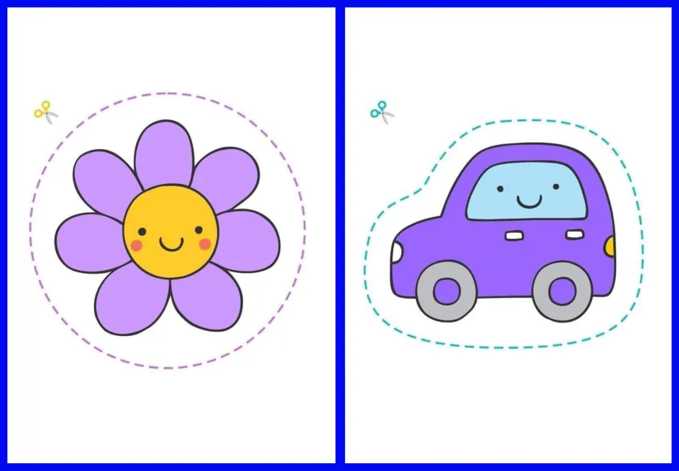 Cut-out stickers 9–10: a purple flower with a yellow center and a smiling purple car for cutting practice