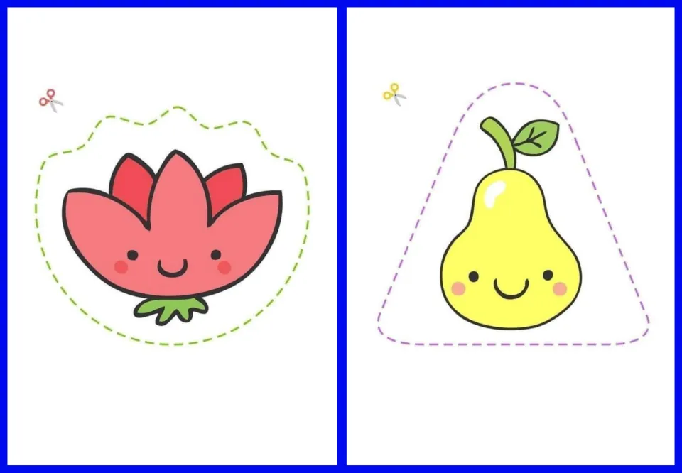 Cut-out stickers 11–12: a smiling pink flower and a yellow pear with a green leaf for children's cutting practice