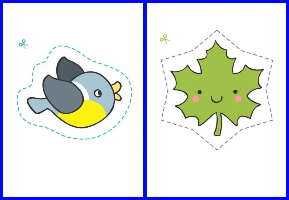 Cut-out stickers 13–14: a blue-gray bird with a yellow belly and a smiling green leaf for cutting practice