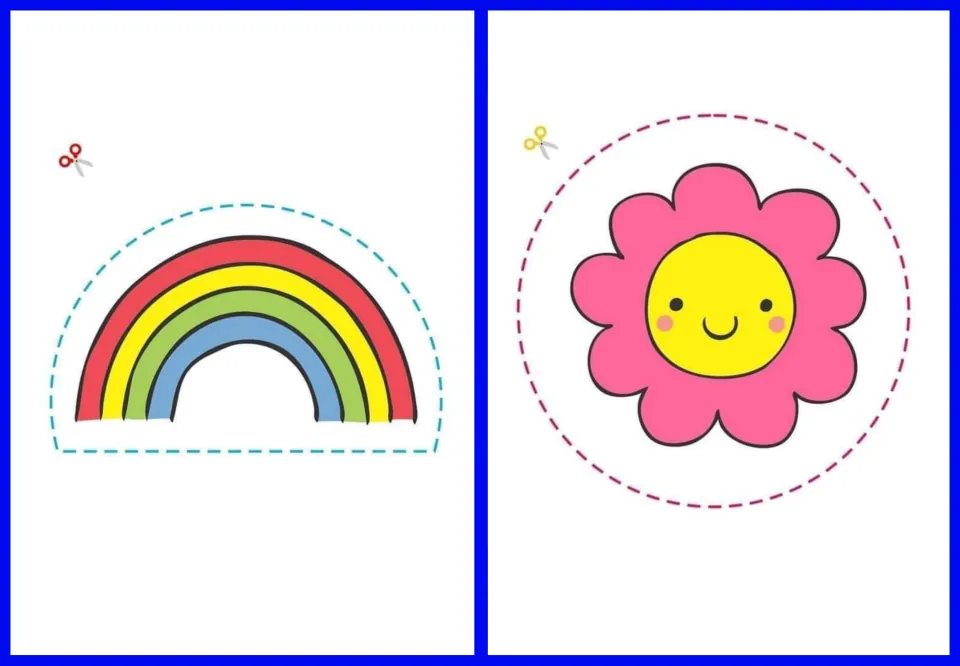 Cut-out stickers 15–16: a rainbow in red, yellow, green, and blue, plus a pink flower for cutting practice