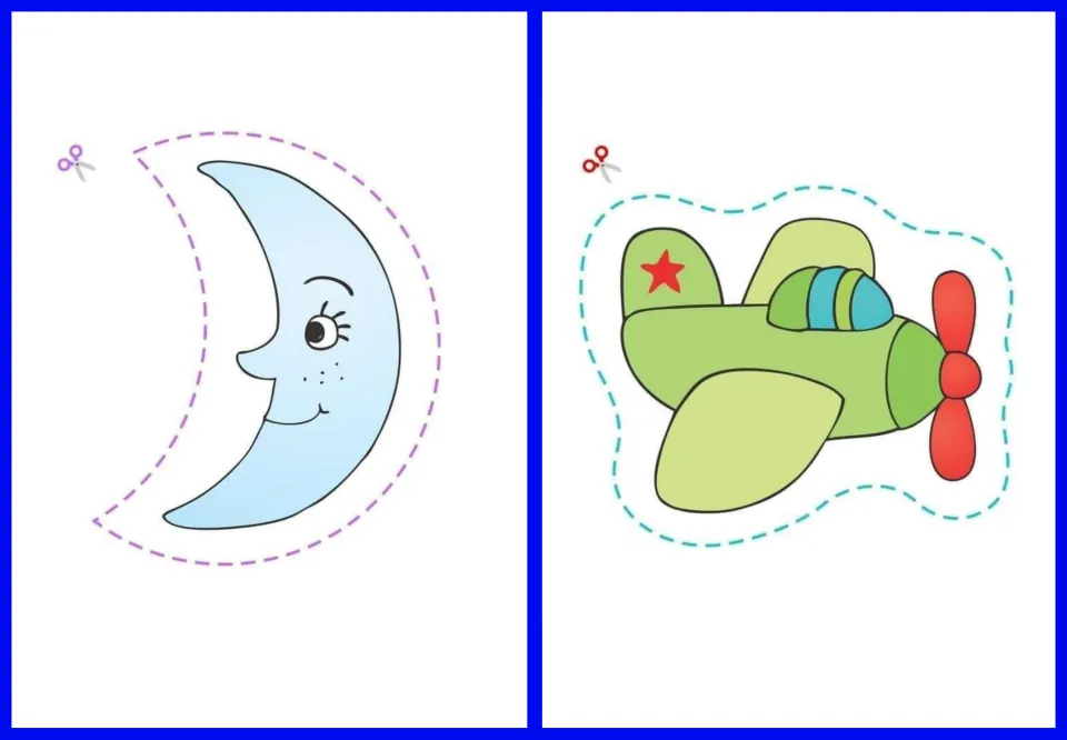 Cut-out stickers 17–18: a light blue crescent moon and a green airplane with a red propeller for cutting practice