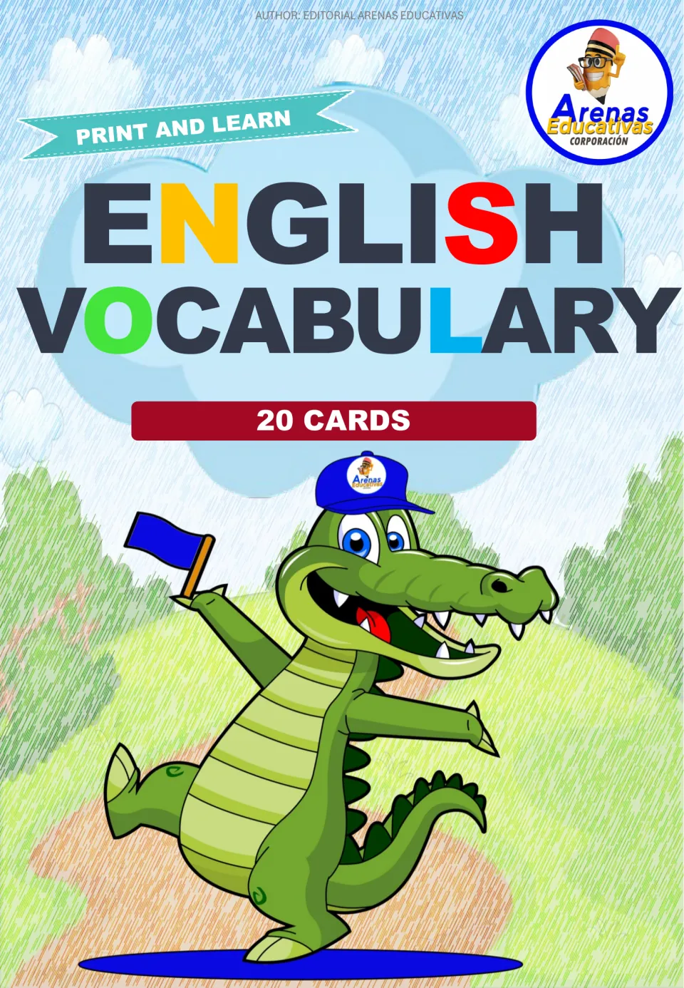 Cover of the English vocabulary resource, labeled 'Print and Learn' and '20 Cards' for the topic card set