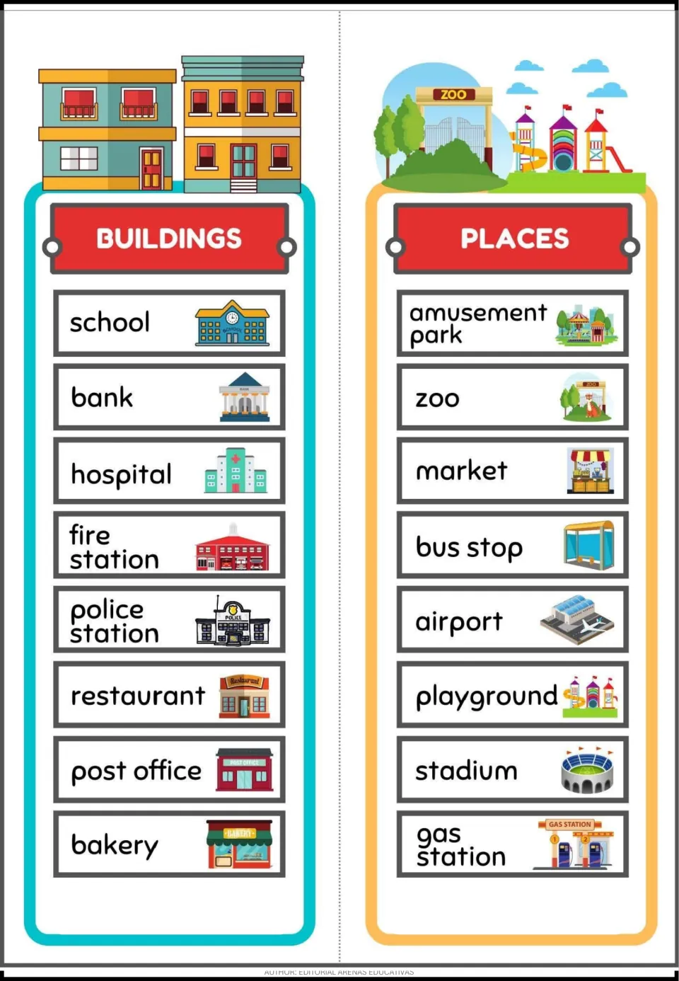 Buildings and Places vocabulary cards, each pairing eight words with pictures, including school and zoo