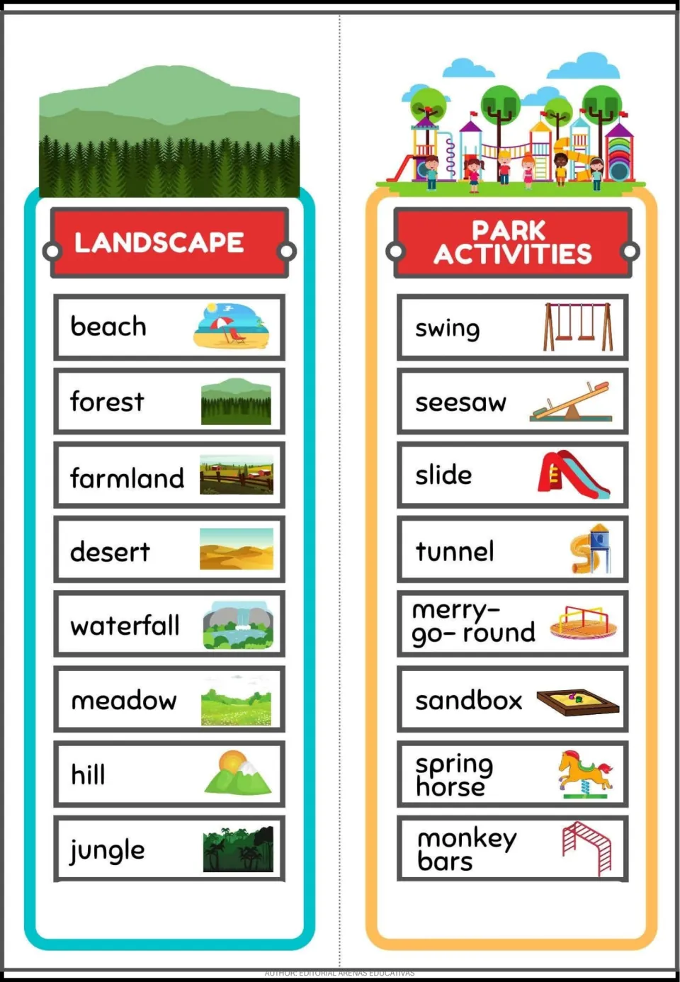 Landscape and Park Activities vocabulary cards with eight pictured words each, including beach and swing