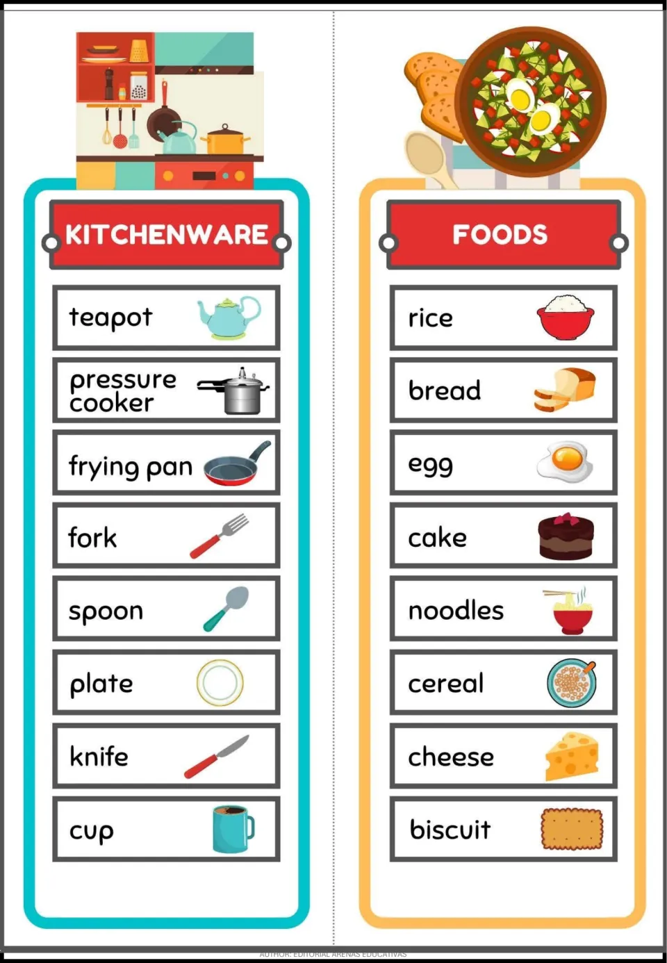 Kitchenware and Foods vocabulary cards, each pairing eight words with pictures, including teapot and rice