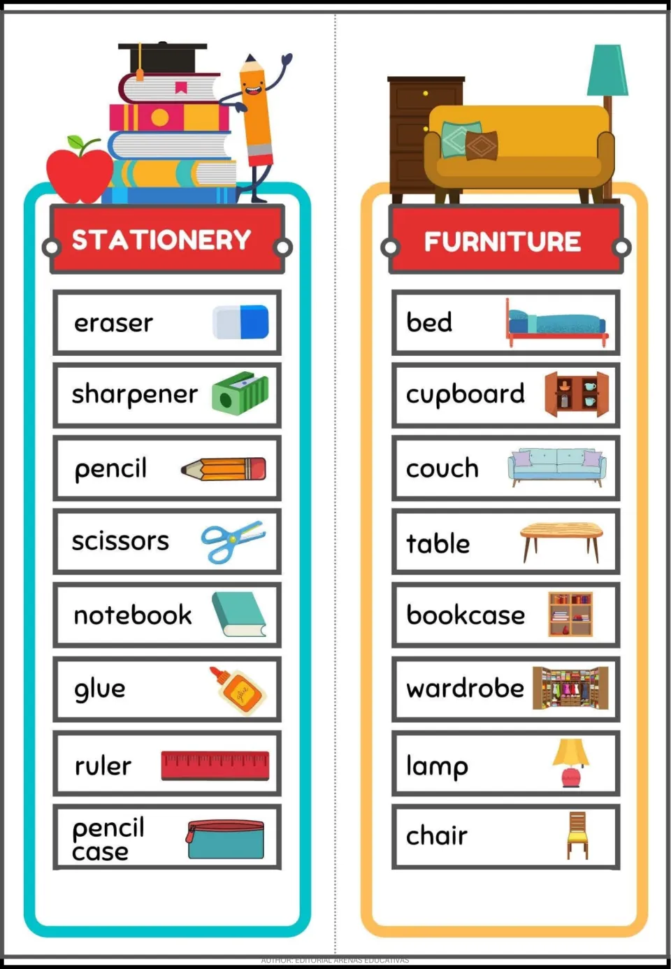 Stationery and Furniture vocabulary cards with eight pictured words each, including eraser, pencil, and bed