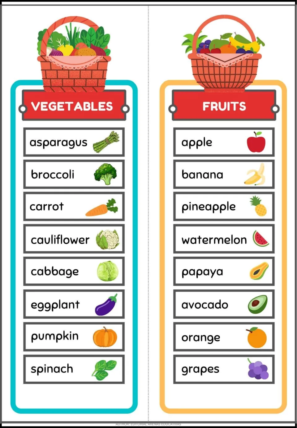 Vegetables and Fruits vocabulary cards with eight pictured words each, including asparagus, apple, and banana