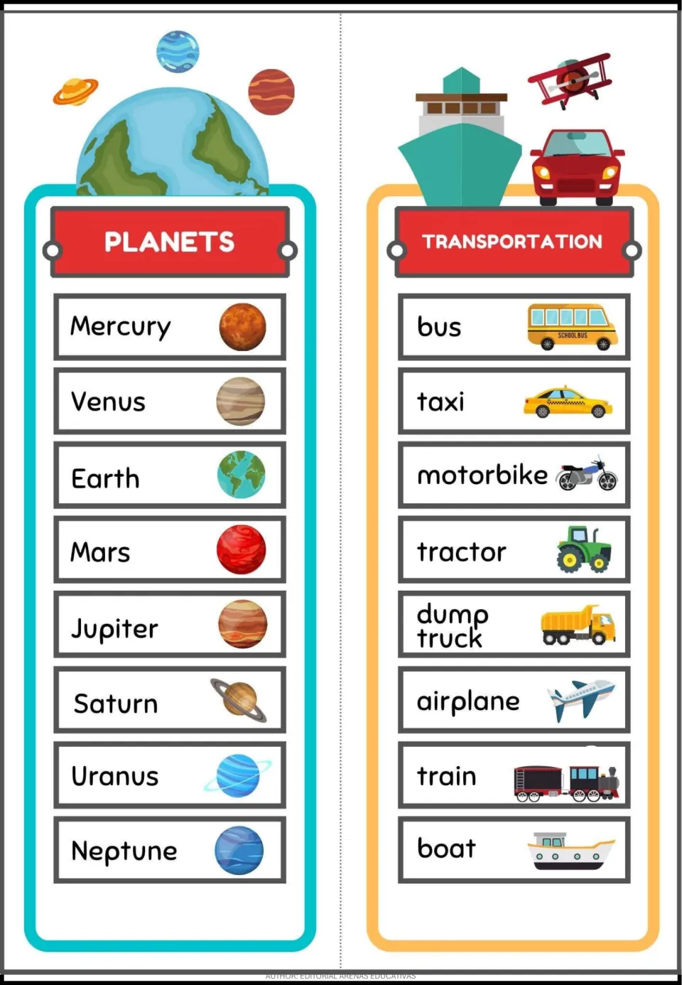 Planets and Transportation vocabulary cards with eight pictured names each, including Mercury, bus, and taxi