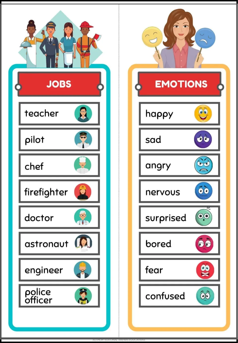 Jobs and Emotions vocabulary cards, each pairing eight words with pictures, including teacher and happy