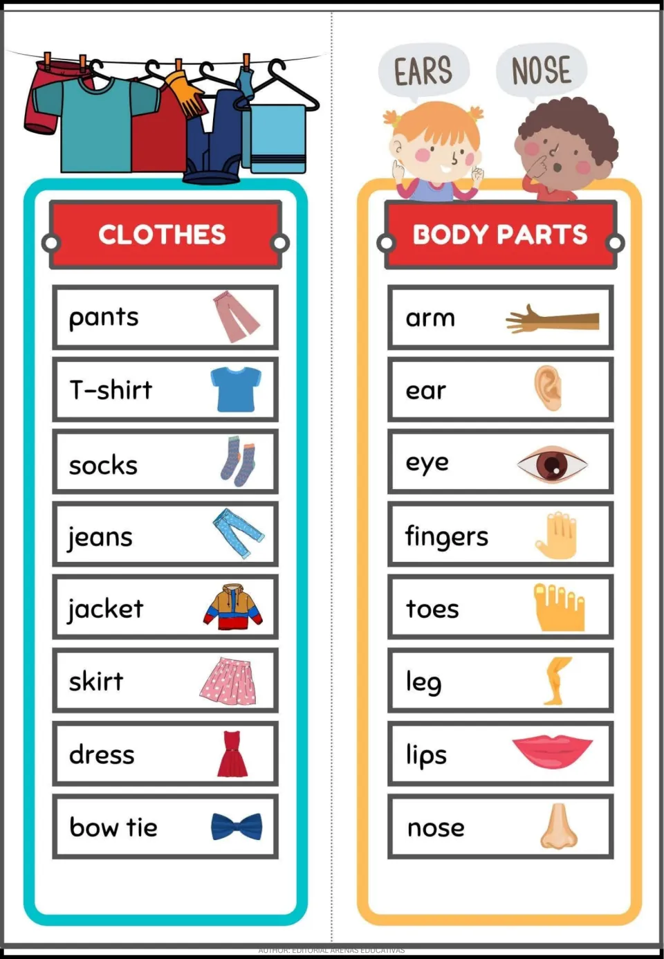 Clothes and Body Parts vocabulary cards with eight pictured words each, including pants, T-shirt, and arm