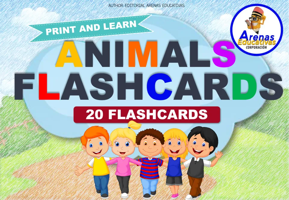 Animals Flashcards cover by Editorial Arenas Educativas: 20 print-and-learn cards, shown with five smiling cartoon kids