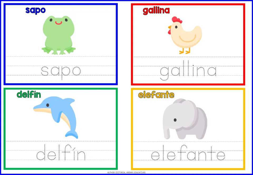 Spanish animal names: students trace dotted letters for sapo, gallina, delfín and elefante under each animal picture