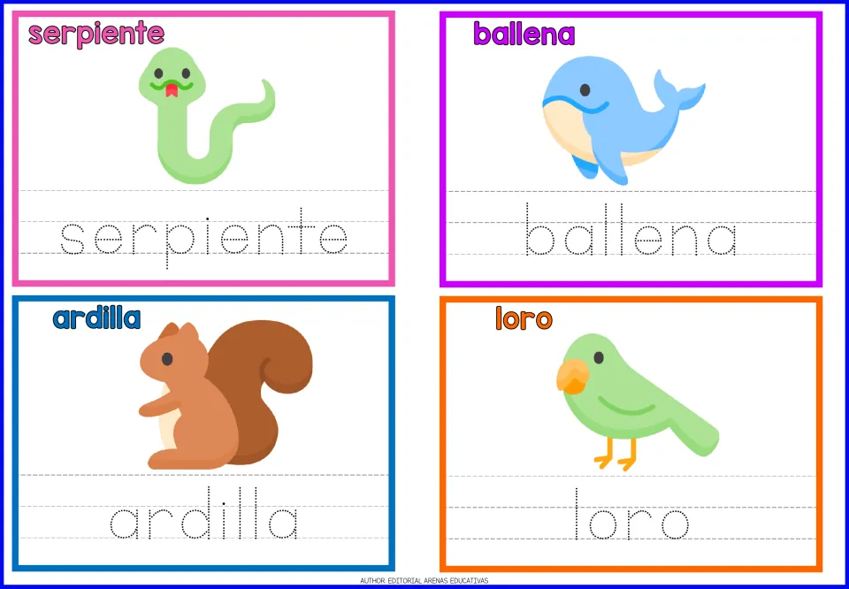 Spanish animal vocabulary tracing: serpiente, ballena, ardilla and loro, each pictured with its name in dotted letters
