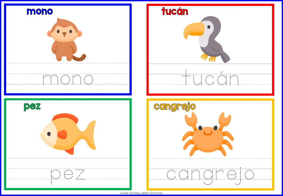 Spanish animal tracing for mono, tucán, pez and cangrejo: students trace each word below its monkey, toucan, fish or crab