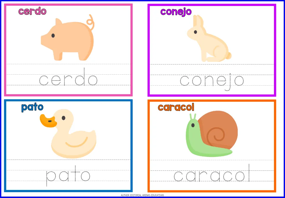 Spanish animal words: students trace cerdo, conejo, pato and caracol beside a pig, rabbit, duck and snail
