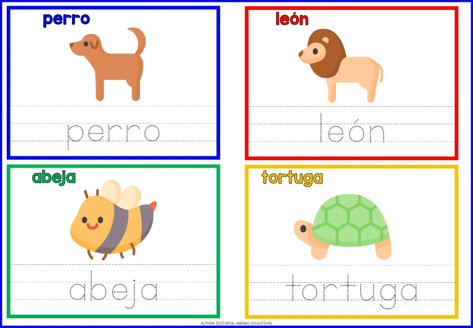 Last four Spanish animal cards: students trace perro, león, abeja and tortuga under a dog, lion, bee and turtle