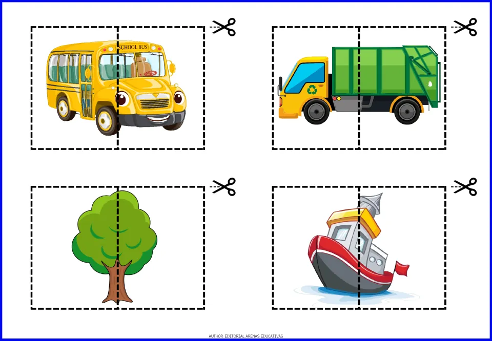 Two-piece cut-out puzzles 1–4 of 20: a yellow school bus, a recycling truck, a green tree, and a tugboat