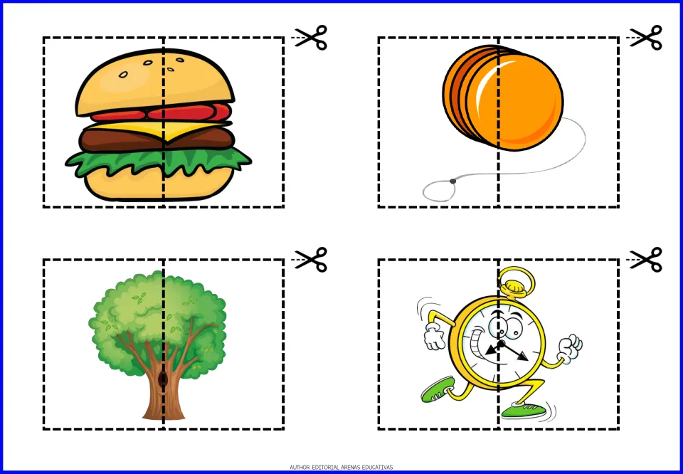 Two-piece cut-out puzzles 5–8 of 20: a hamburger, an orange yo-yo, a leafy tree, and a cartoon pocket watch