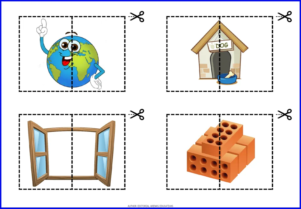 Two-piece cut-out puzzles 9–12 of 20: a cartoon Earth, a doghouse, an open window, and a stack of bricks