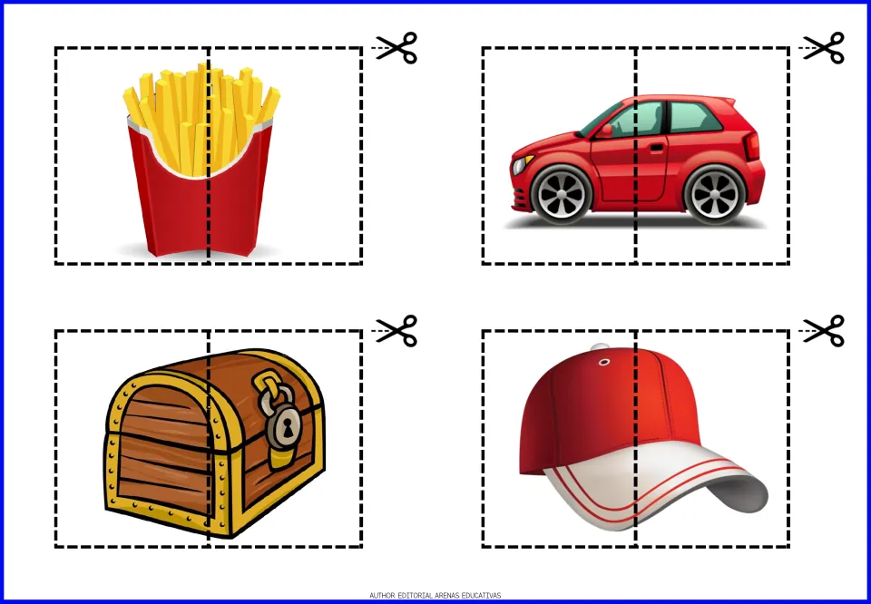Two-piece cut-out puzzles 13–16 of 20: french fries, a red car, a treasure chest, and a red baseball cap