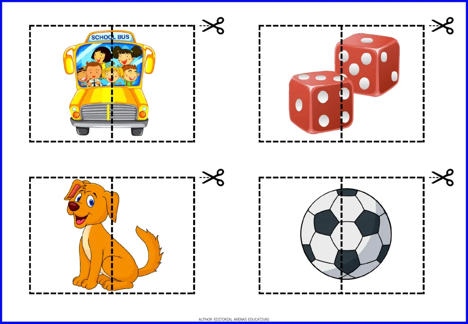 Two-piece cut-out puzzles 17–20 of 20: a school bus carrying children, two red dice, a dog, and a soccer ball