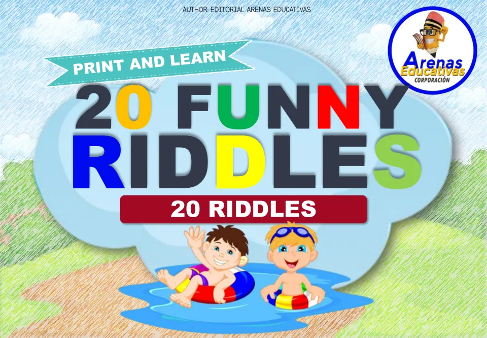 Cover: 20 Funny Riddles, Print and Learn, showing two cartoon boys floating on swim rings in a pond